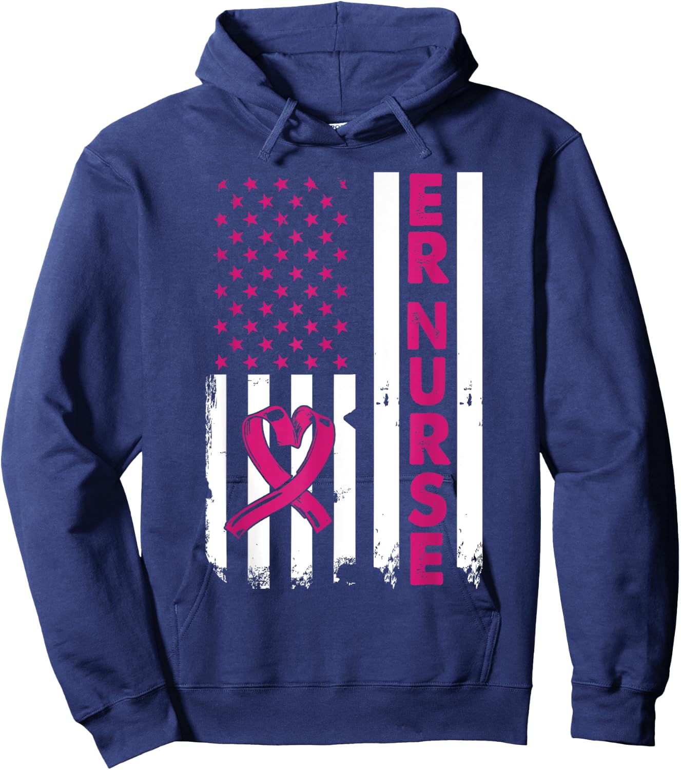 Er Nurse American Flag Nurse Life Breast Cancer Awareness Hoodie - Hoodie | Navy