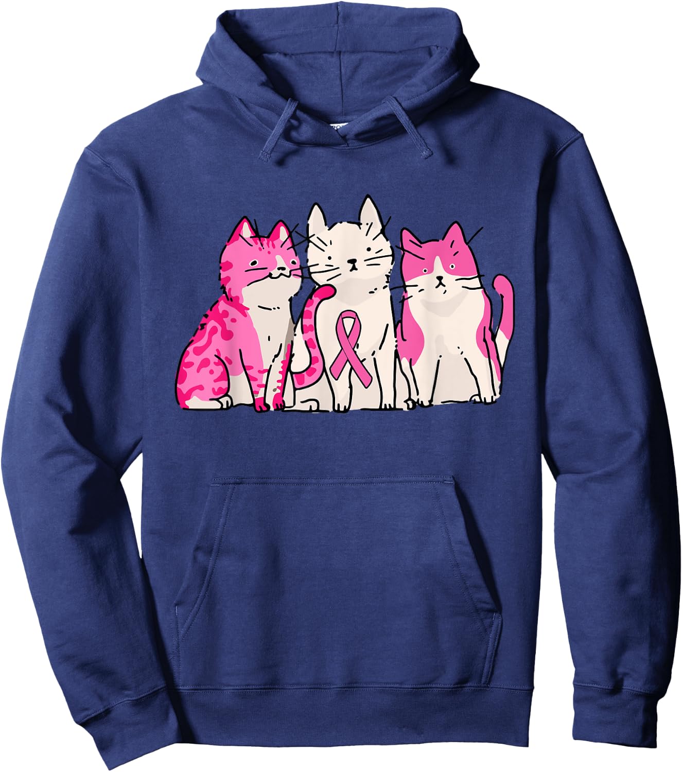Cat Pink Ribbon Breast Cancer Awareness Cute Kitten Kitty Hoodie - Hoodie | Navy