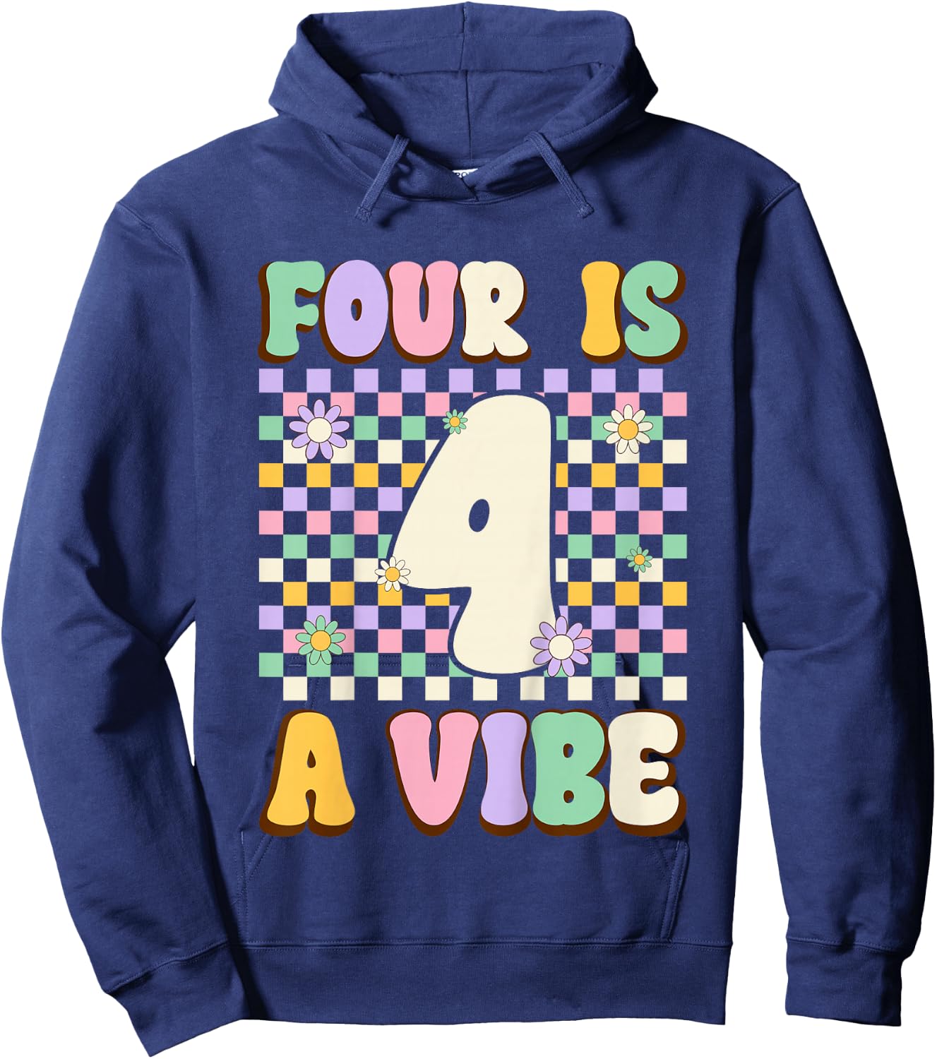 Kids Four Is A Vibe Groovy 4 Years Old 4th Birthday Party Kids Hoodie - Hoodie | Navy
