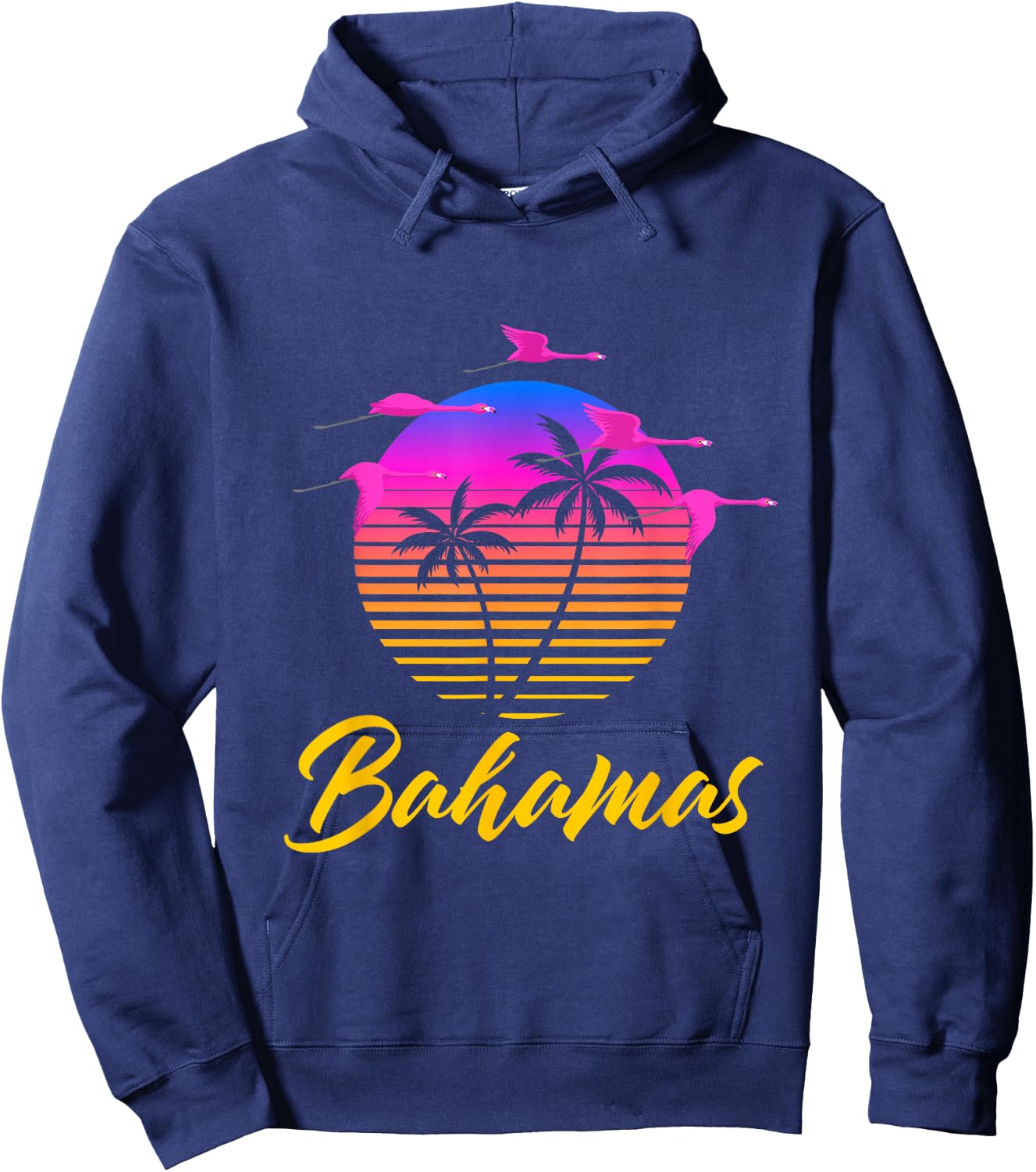 Bahamas Caribbean Retro Sunset Palm Tree Flamingo Vacation Hoodie - Hoodie | Navy