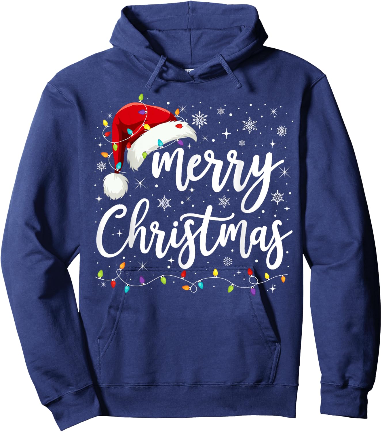 Merry Christmas Lights Red Santa Hat Xmas Family Men Women Hoodie - Hoodie | Navy
