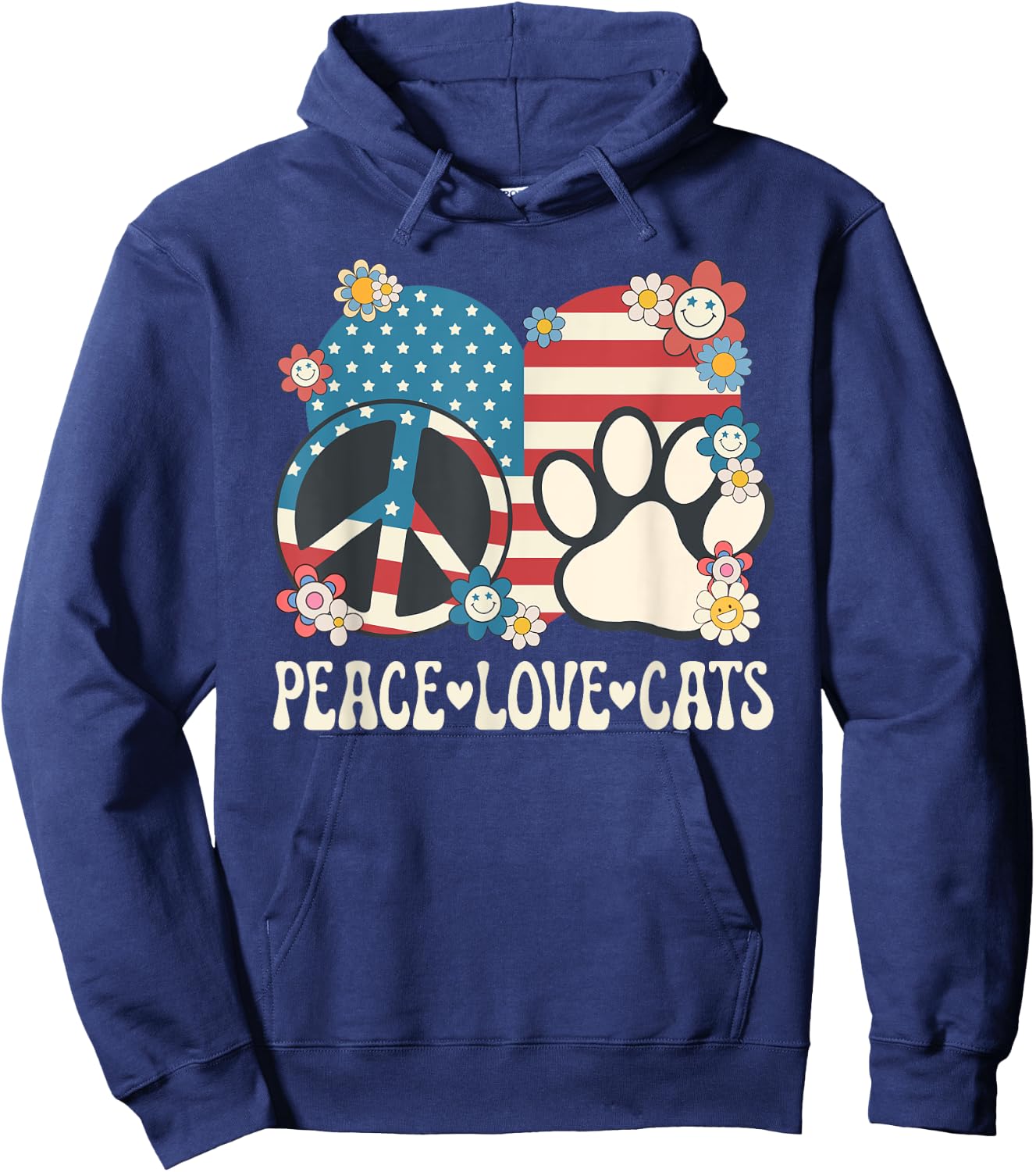 Peace Love Cats American Flag Patriotic Cat Lover Retro Cat Women Girls Kids Hoodie - Hoodie | Navy
