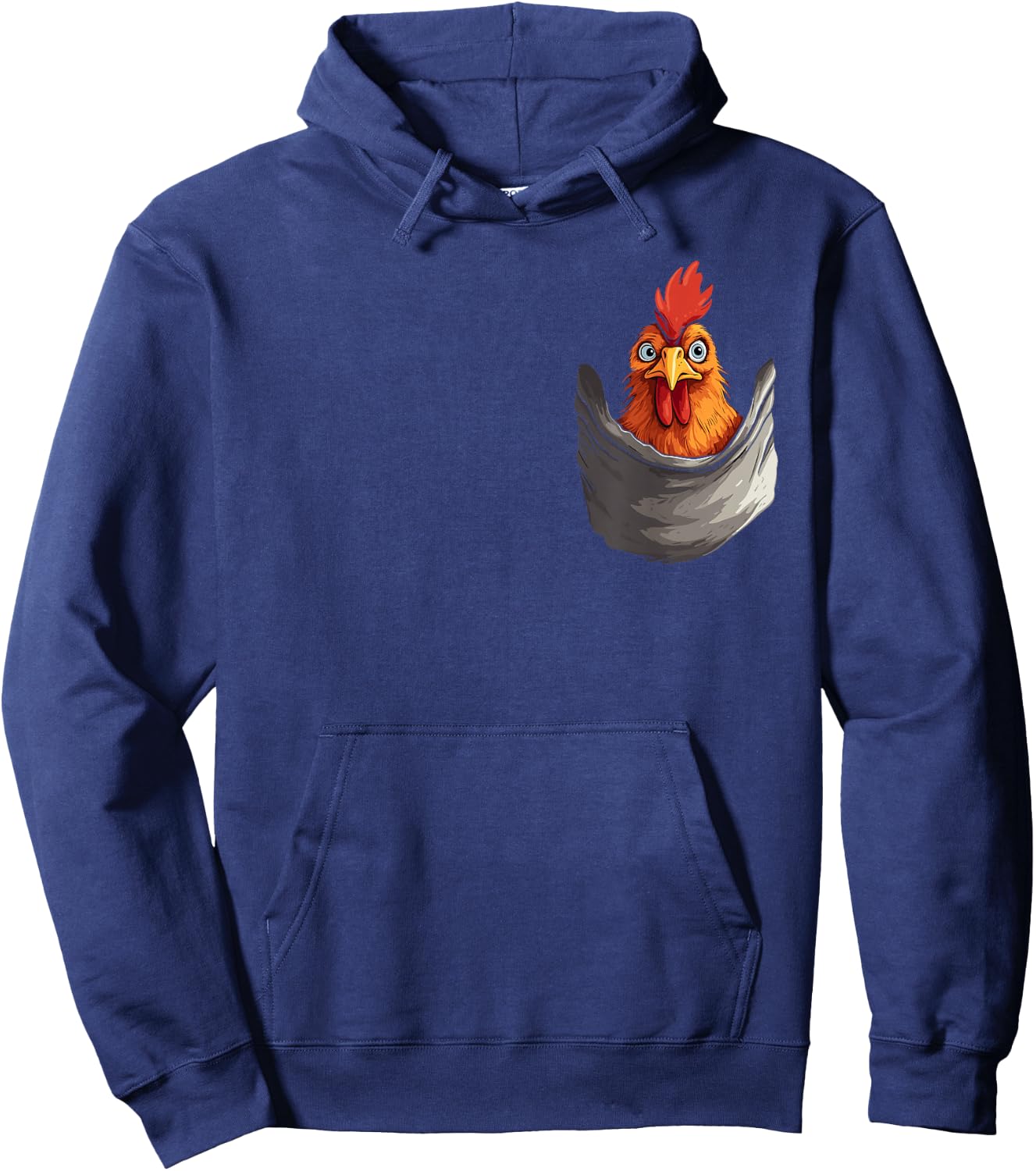 Fun print with hen in pocket, rooster, hen and farmer , Black, S Hoodie - Hoodie | Navy