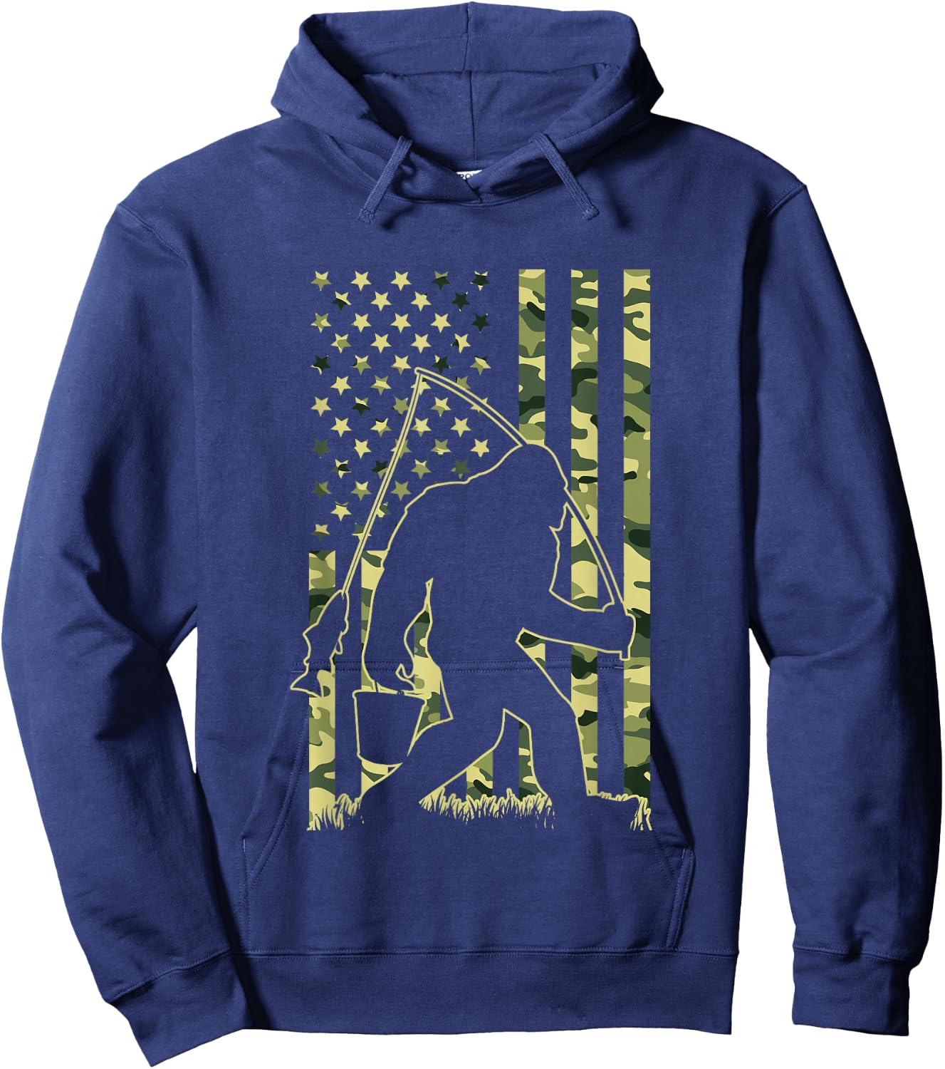 Bigfoot Fishing with Camo American Flag Funny Fisherman Hoodie - Hoodie | Navy