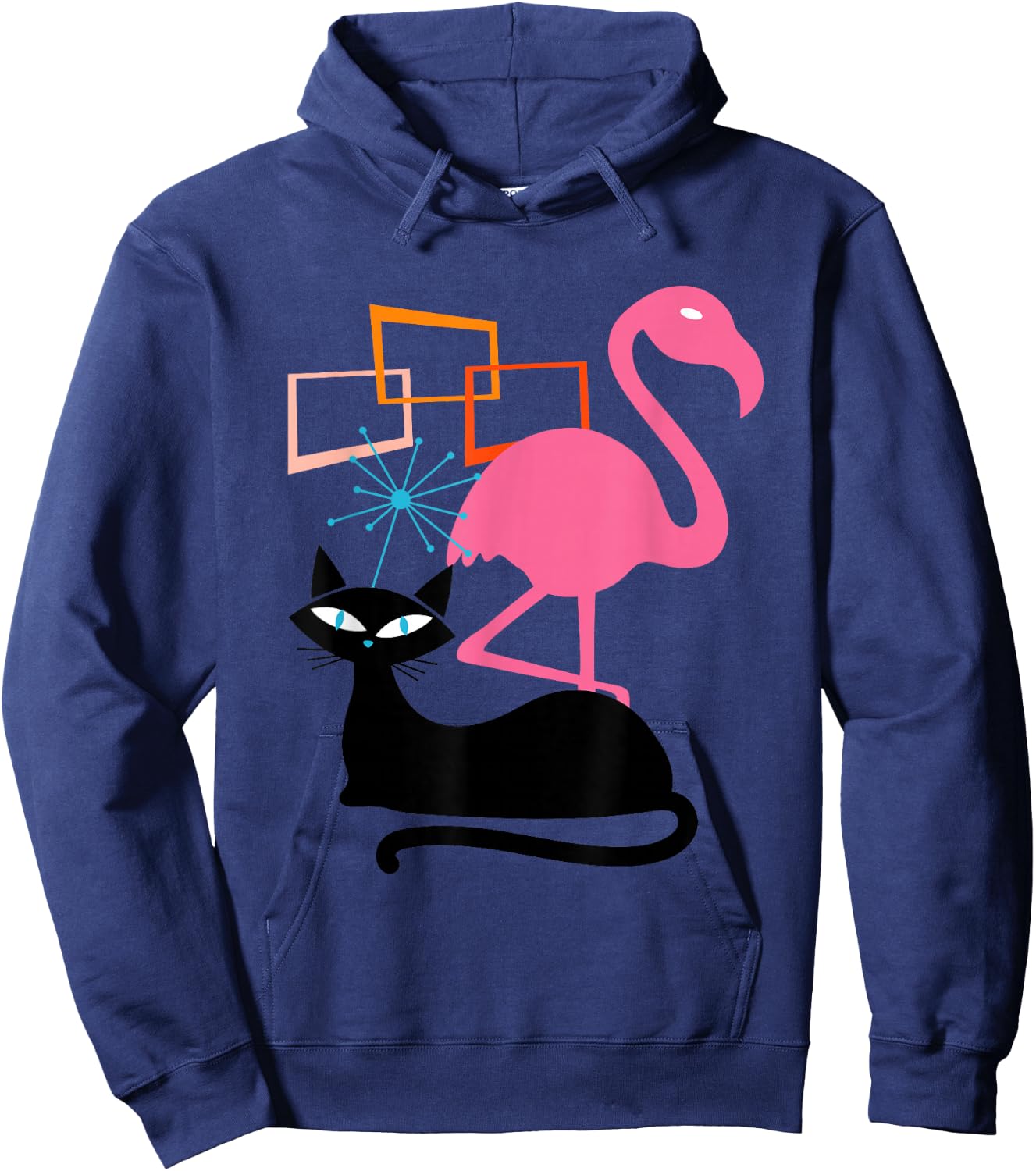 Flamingo and Cat Midcentury Mid Century Stardust Modern Hoodie - Hoodie | Navy