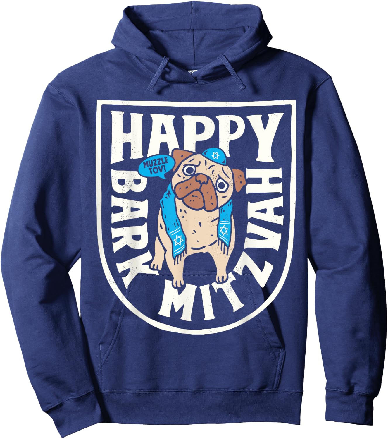 Hanukkah Pug Happy Bark Mitzvah Funny Jewish Chanukah Dog Hoodie - Hoodie | Navy
