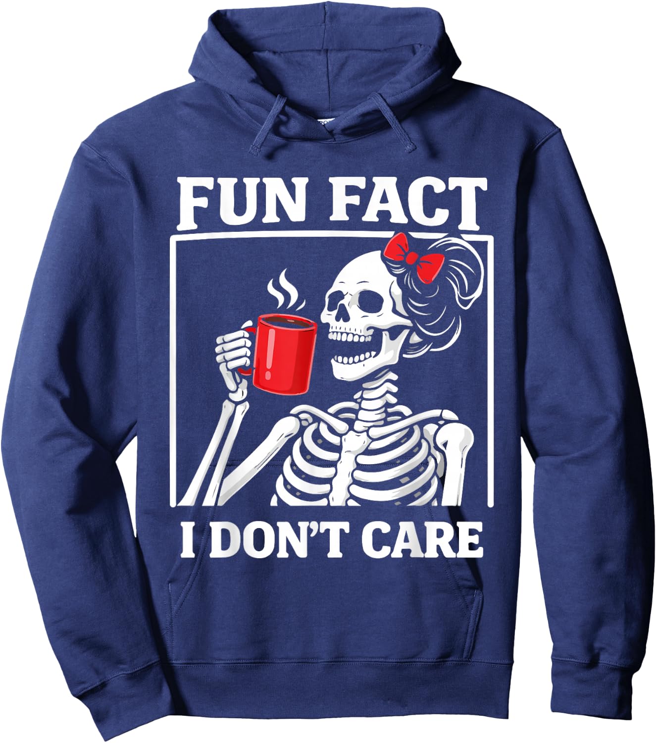 Fun Fact I Don't Care Skeleton Girl Coffee Red Bow Hoodie - Hoodie | Navy