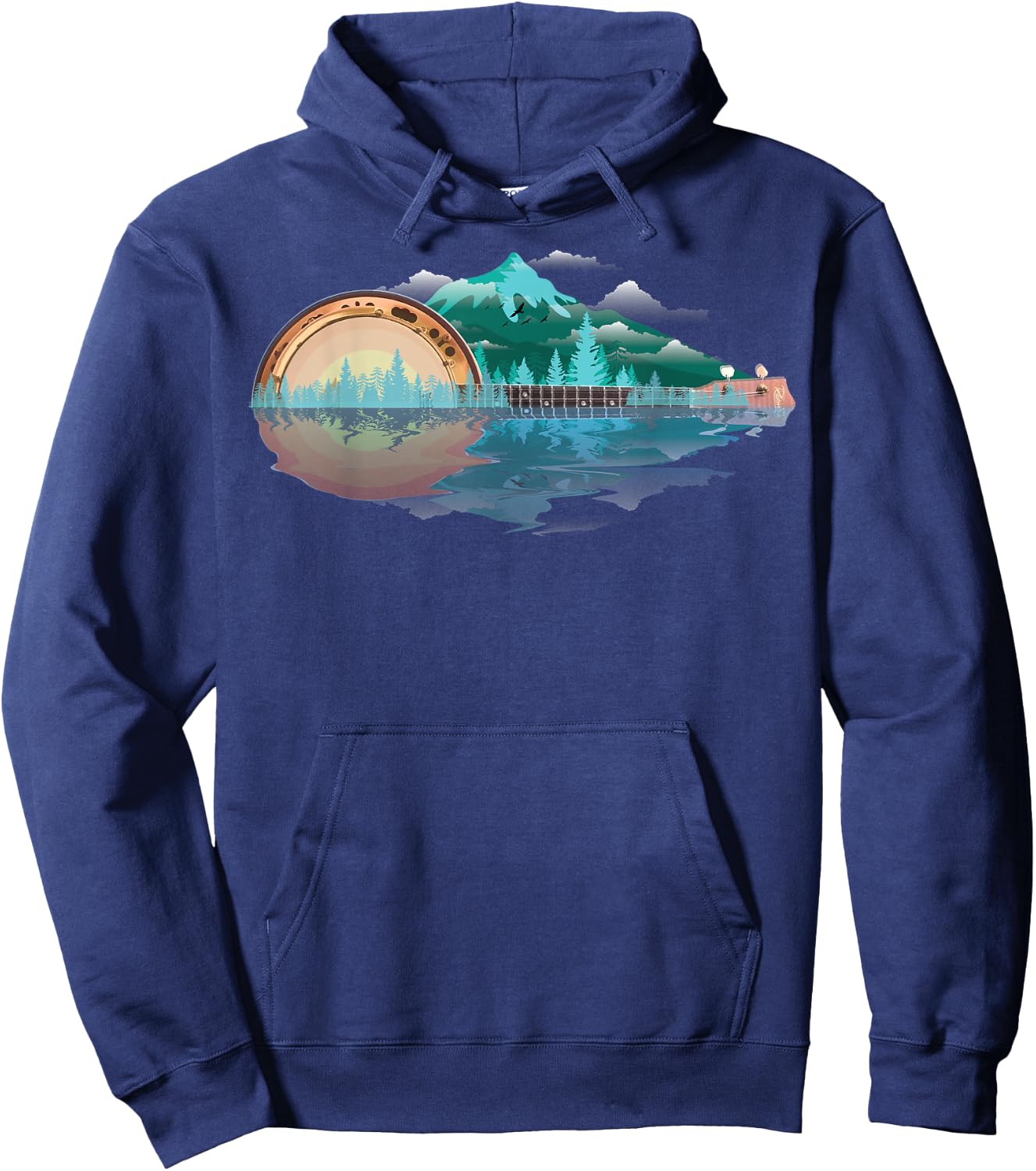 Cool Retro Banjo Mountains & Sun | Funny Bluegrass Fan Gift Hoodie - Hoodie | Navy