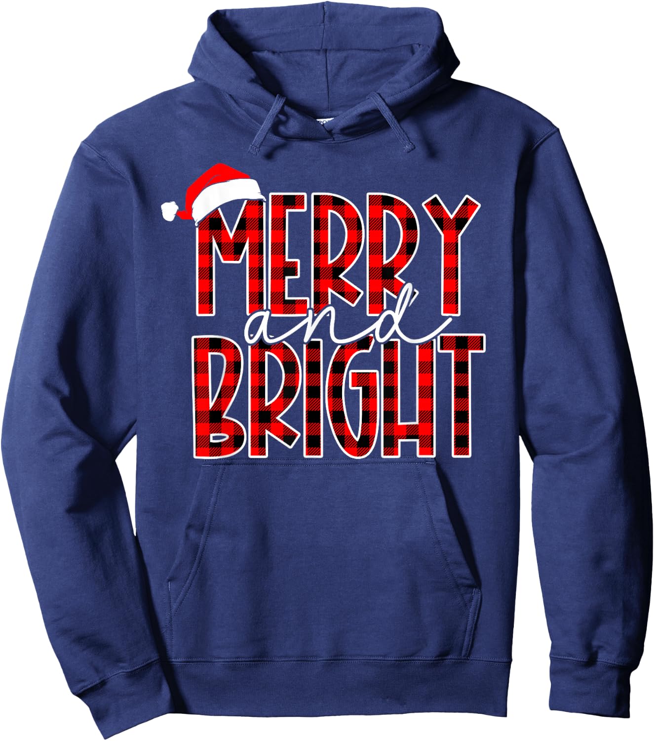 Merry and Bright Buffalo Plaid Red Santa Hat Christmas Xmas Hoodie - Hoodie | Navy
