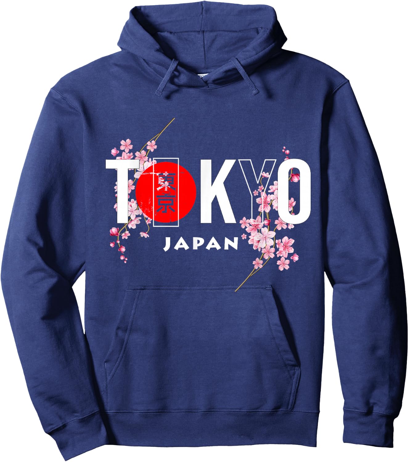 Tokyo & Japan Text with Calligraphy Insert + Sakura Flowers Hoodie - Hoodie | Navy