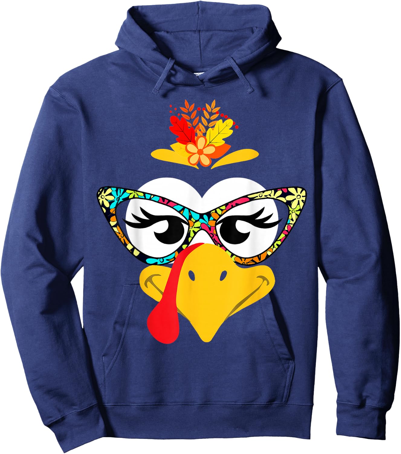 Thanksgiving Funny Turkey Face Colorful Floral Sunglasses Hoodie - Hoodie | Navy