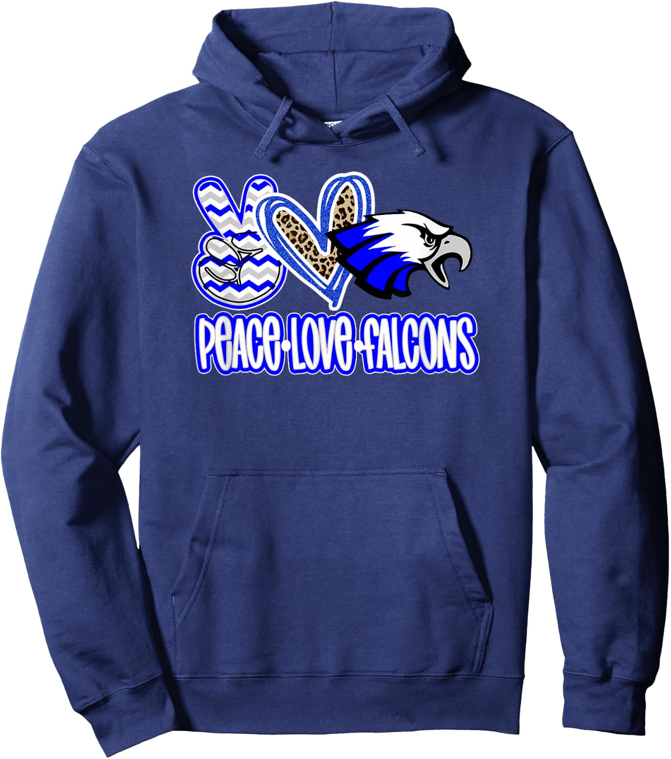 Peace Love Falcons School Spirit Blue White Falcons Mom Hoodie - Hoodie | Navy
