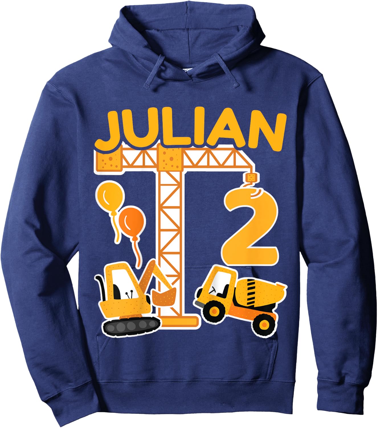 Children's 2nd Birthday First Name Julian Excavator Decoration Gift Boys , black Hoodie - Hoodie | Navy