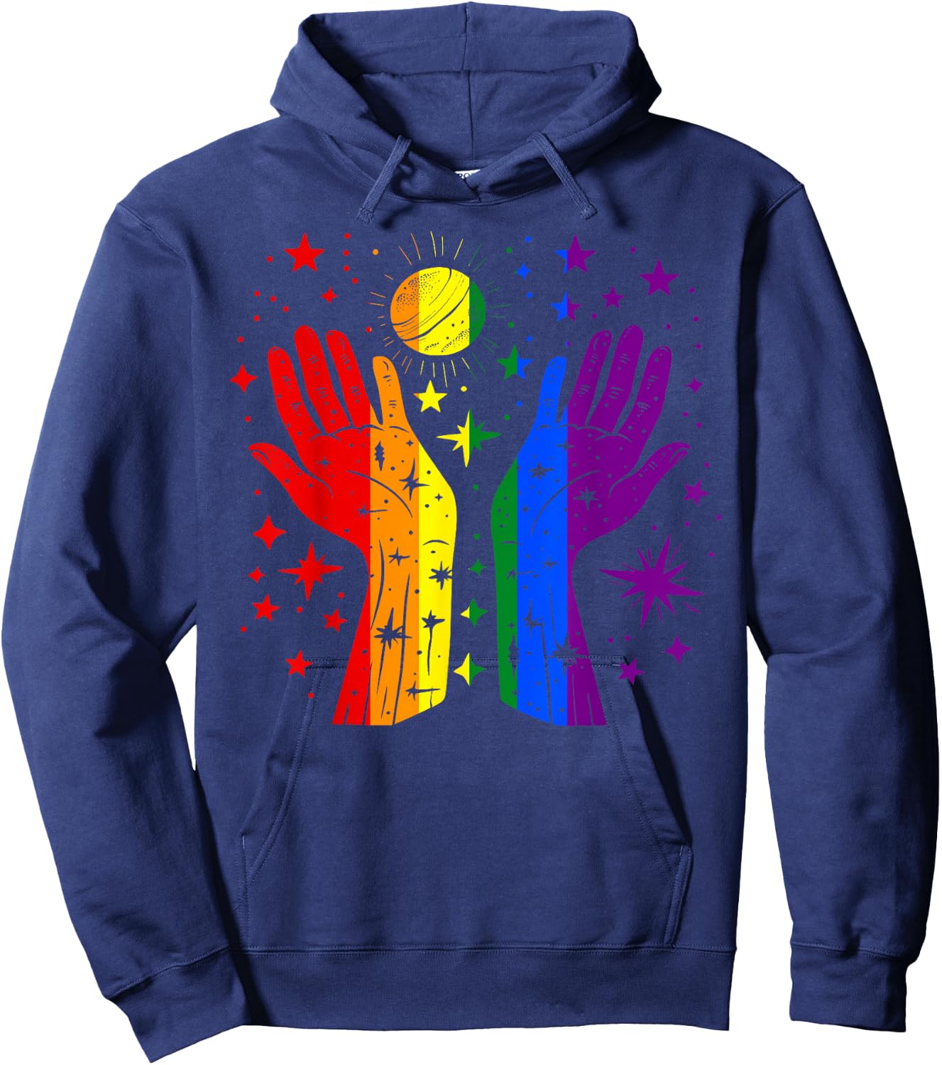 Rainbow Hands with Sun and Stars Gay Pride LGBT Hoodie - Hoodie | Navy