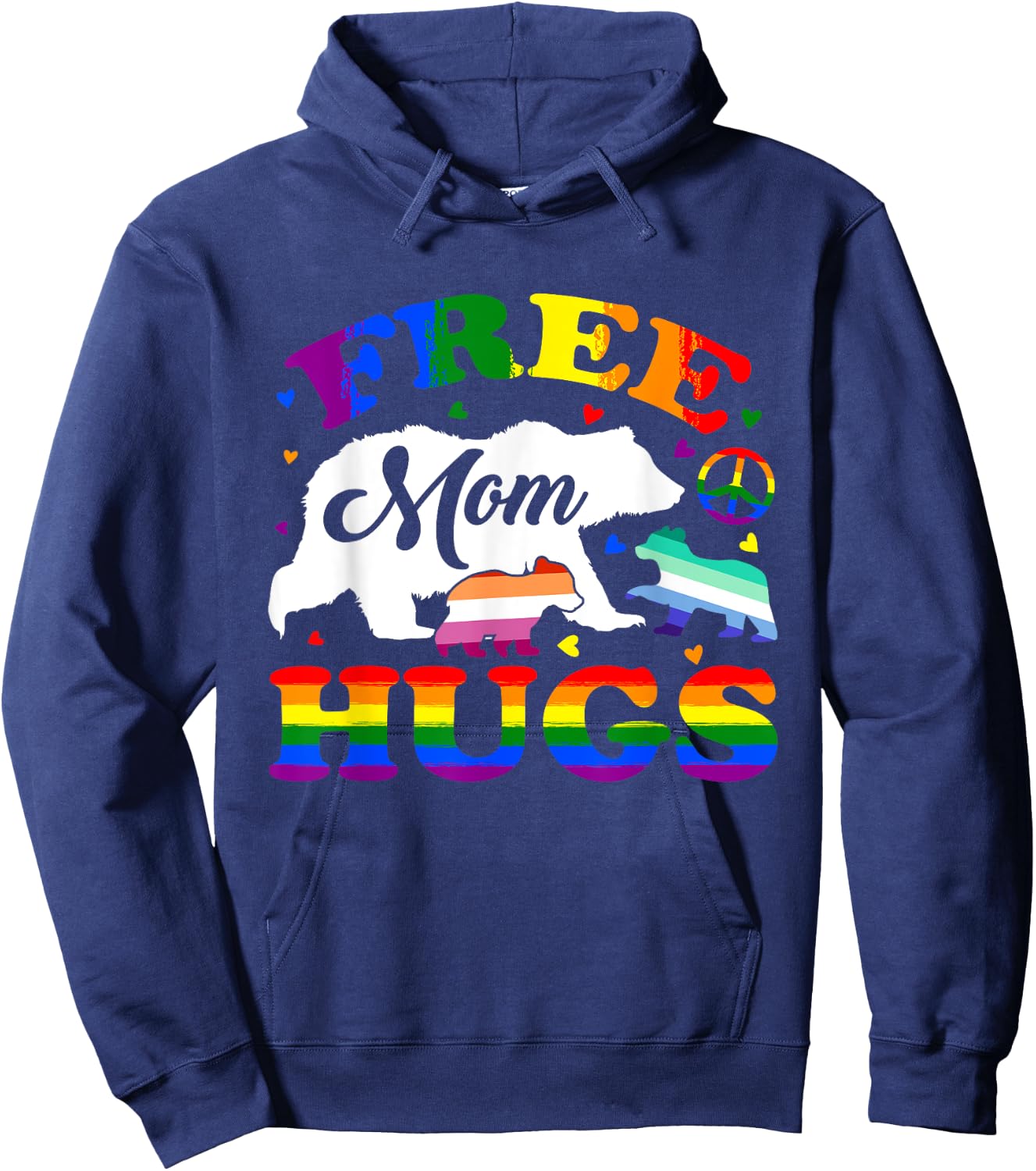 LGBTQ Pride Mama Bear Free Mom Hugs Vintage Rainbow Flag Hoodie - Hoodie | Navy