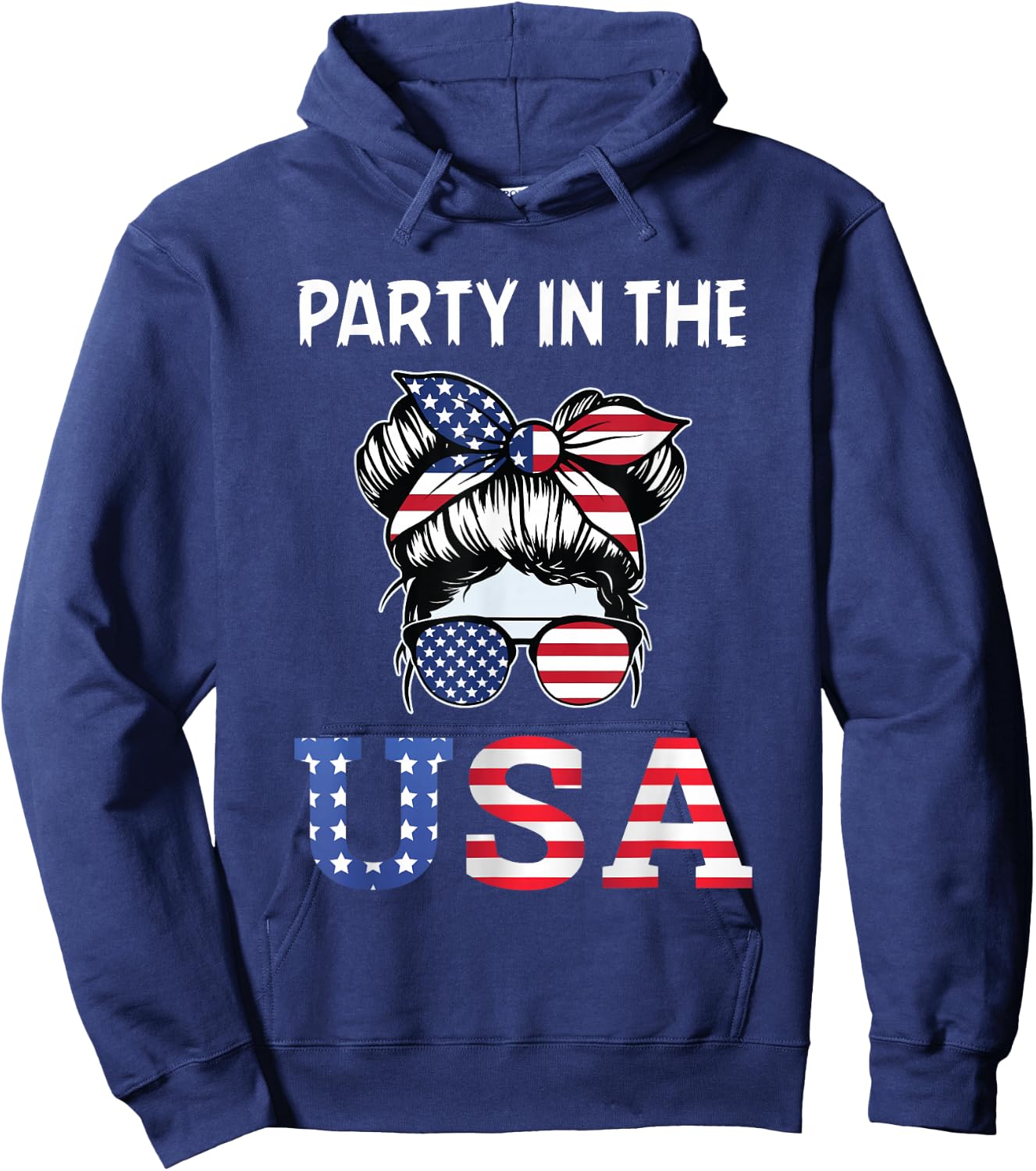 Party in the USA Messy Bun 4th of July Patriotic Women Girl Hoodie - Hoodie | Navy