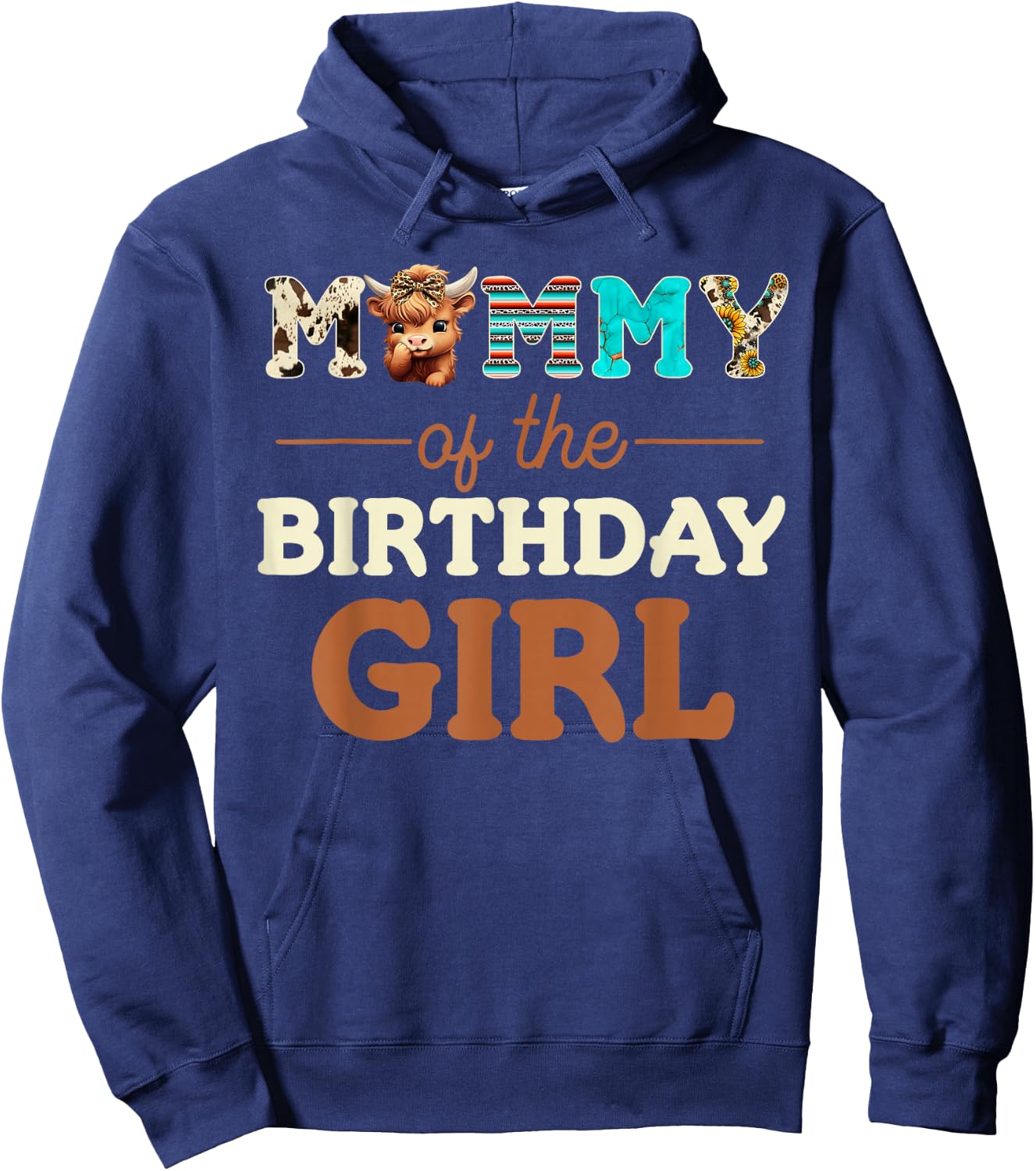 Mommy of The Birthday Girl Highland Cow Print First Bday Hoodie - Hoodie | Navy