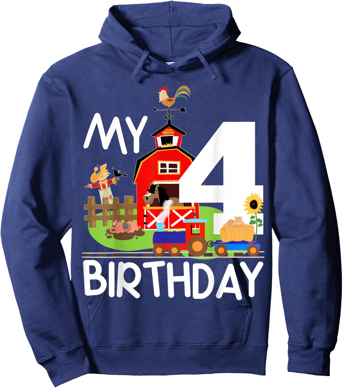 4th Birthday Farm Birthday Train Party Cow Pig Horse Chicken Hoodie - Hoodie | Navy