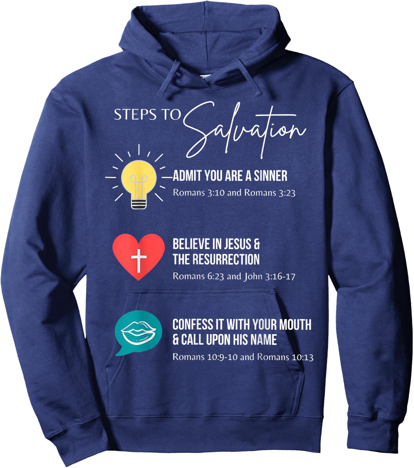 Steps To Salvation Romans 10;9 Thru 13 John 3 16 Christian Hoodie - Hoodie | Navy