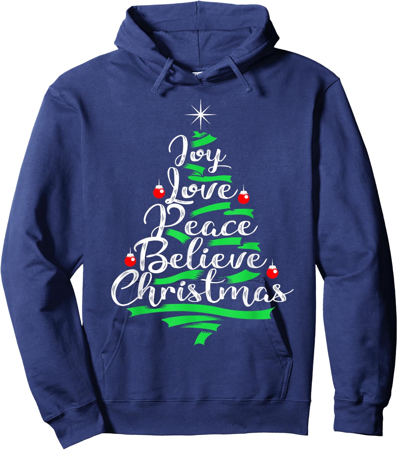 Joy Love Peace Believe Christmas Tree Design Hoodie - Hoodie | Navy