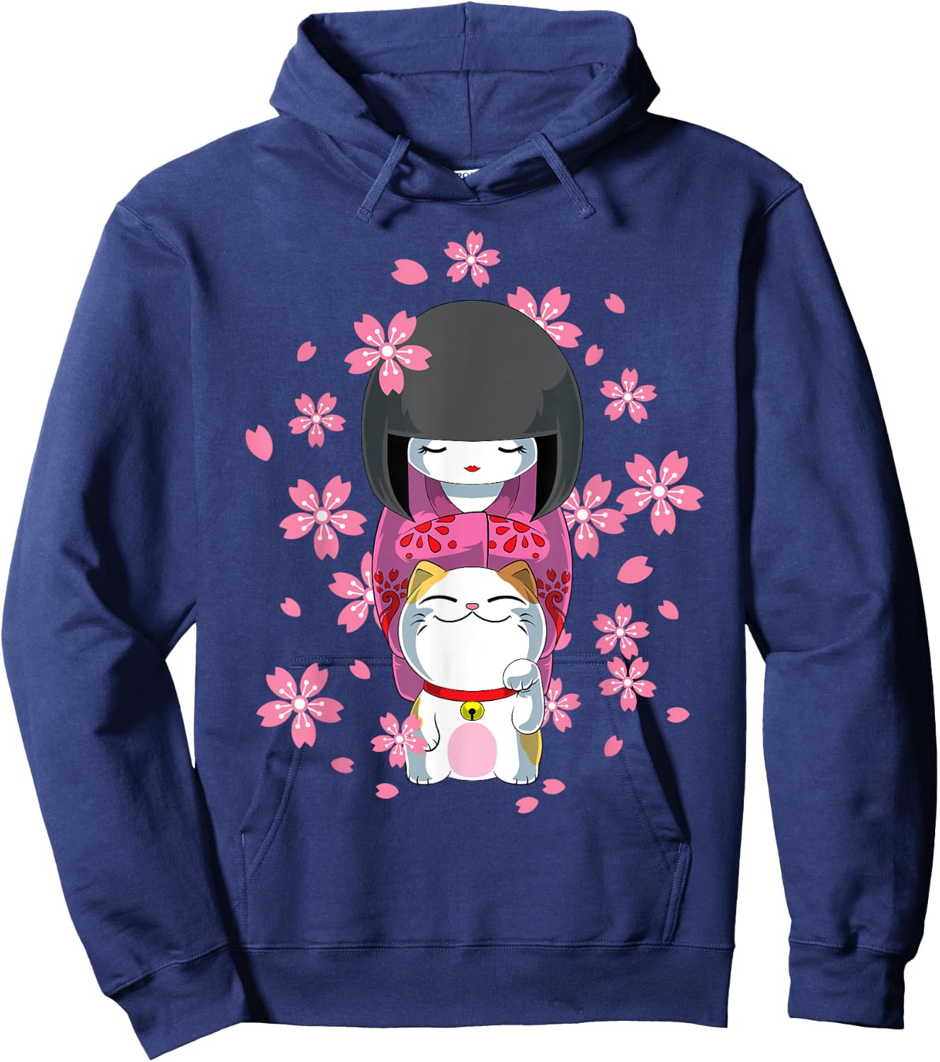 Japanese Kawaii Kokeshi and Cat Lucky Charm , Black Hoodie - Hoodie | Navy