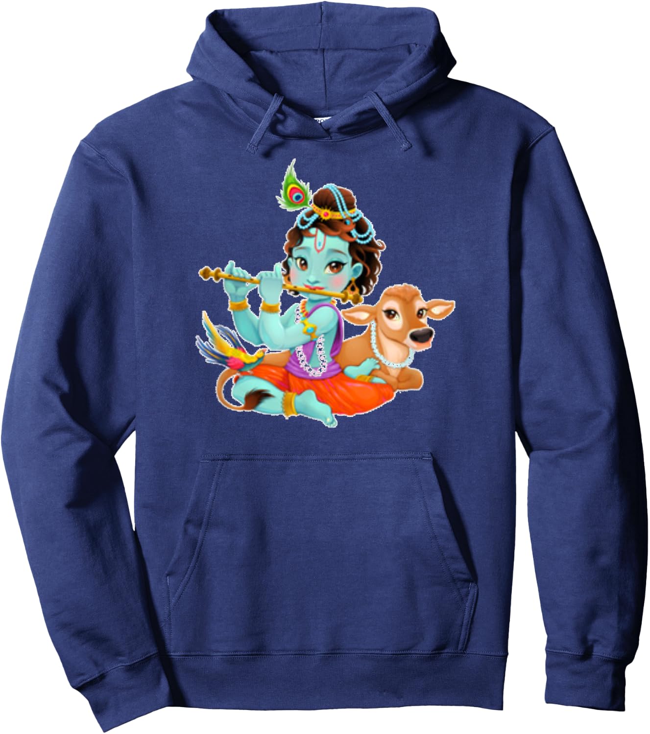 Hindu God Lord Shri Krishna with Cow and Bird Hoodie - Hoodie | Navy