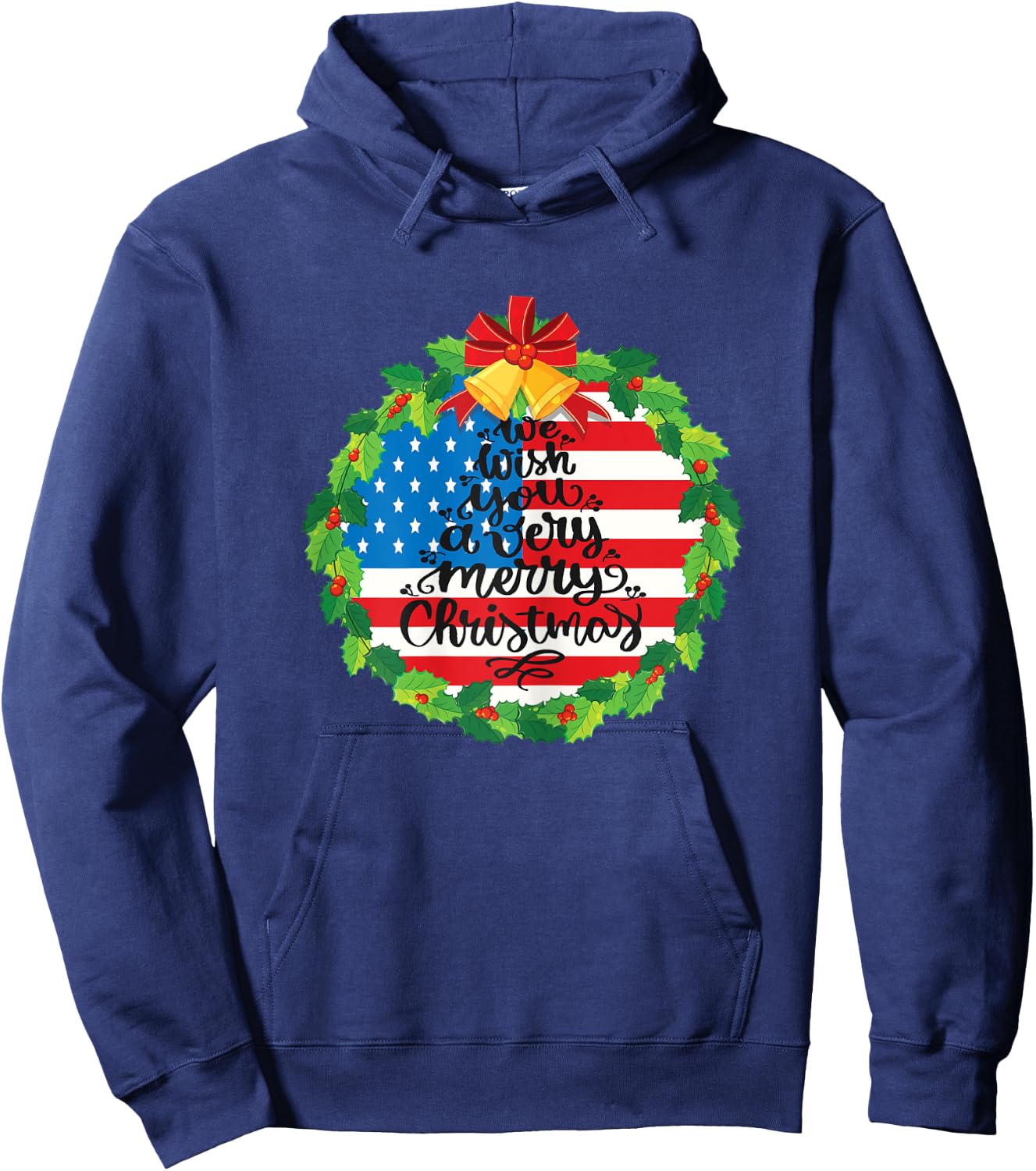 Merry Christmas Wreath Bells Funny Usa Flag Beautiful Cute Hoodie - Hoodie | Navy