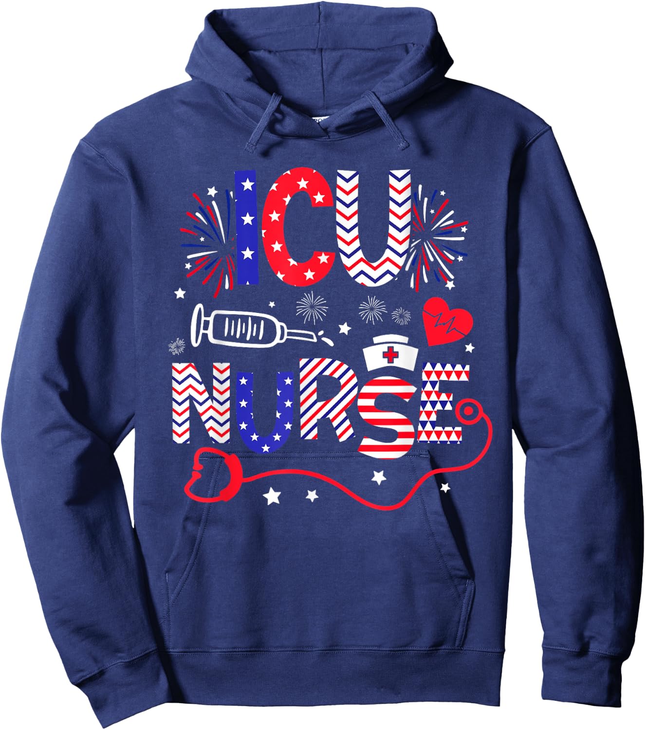 ICU Nurse 4th Of July Patriotic American Flag Stethoscope Hoodie - Hoodie | Navy
