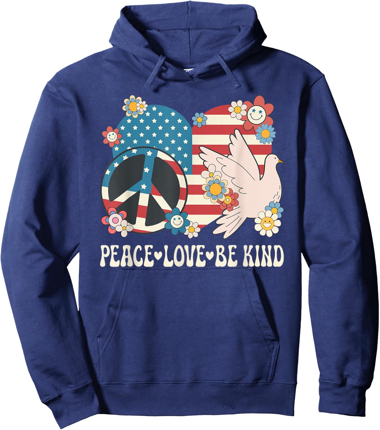 Peace Love Be Kind American Flag Patriotic Women Kindness Hoodie - Hoodie | Navy