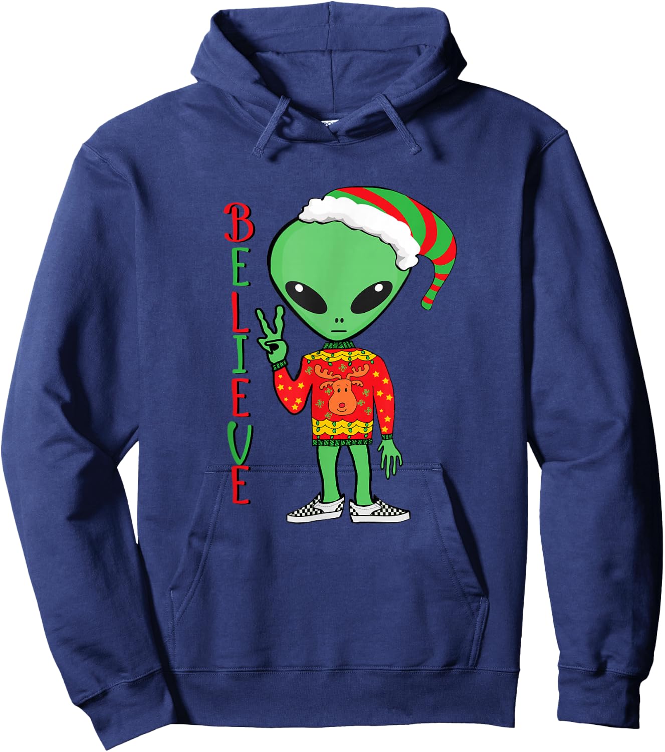 Funny Christmas Alien Ugly Sweater I Believe Santa Hat Gift Hoodie - Hoodie | Navy