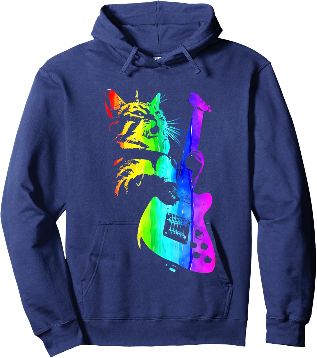 Funny HOUSE CAT Rainbow DJ Cat Kitty Rock Cat Playing Guitar Hoodie - Hoodie | Navy