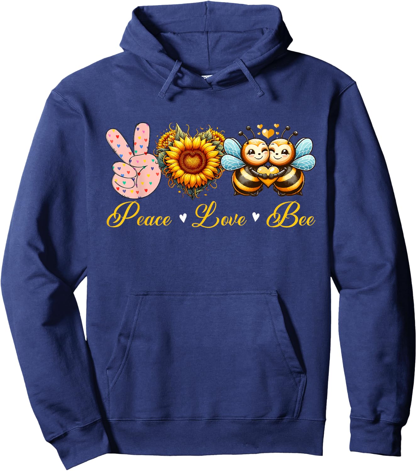 Peace Love Bee Insects Sunflowers Peace Hand Sign Heart Hoodie - Hoodie | Navy