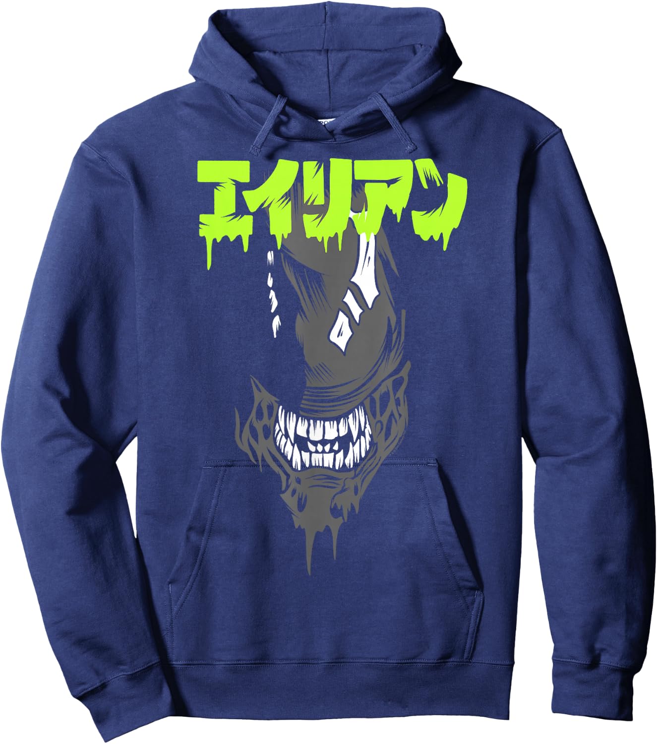 Aliens Iconic Xenomorph Big Angry Face Kanji Style Big Logo Hoodie - Hoodie | Navy