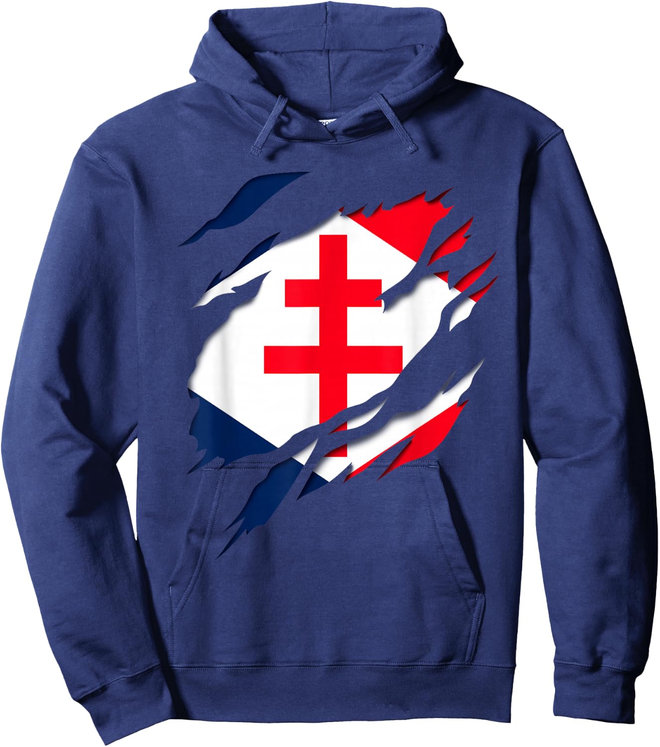 Gaullism Flag Cross of Lorraine Torn 3D Effect France , Black, S Hoodie - Hoodie | Navy