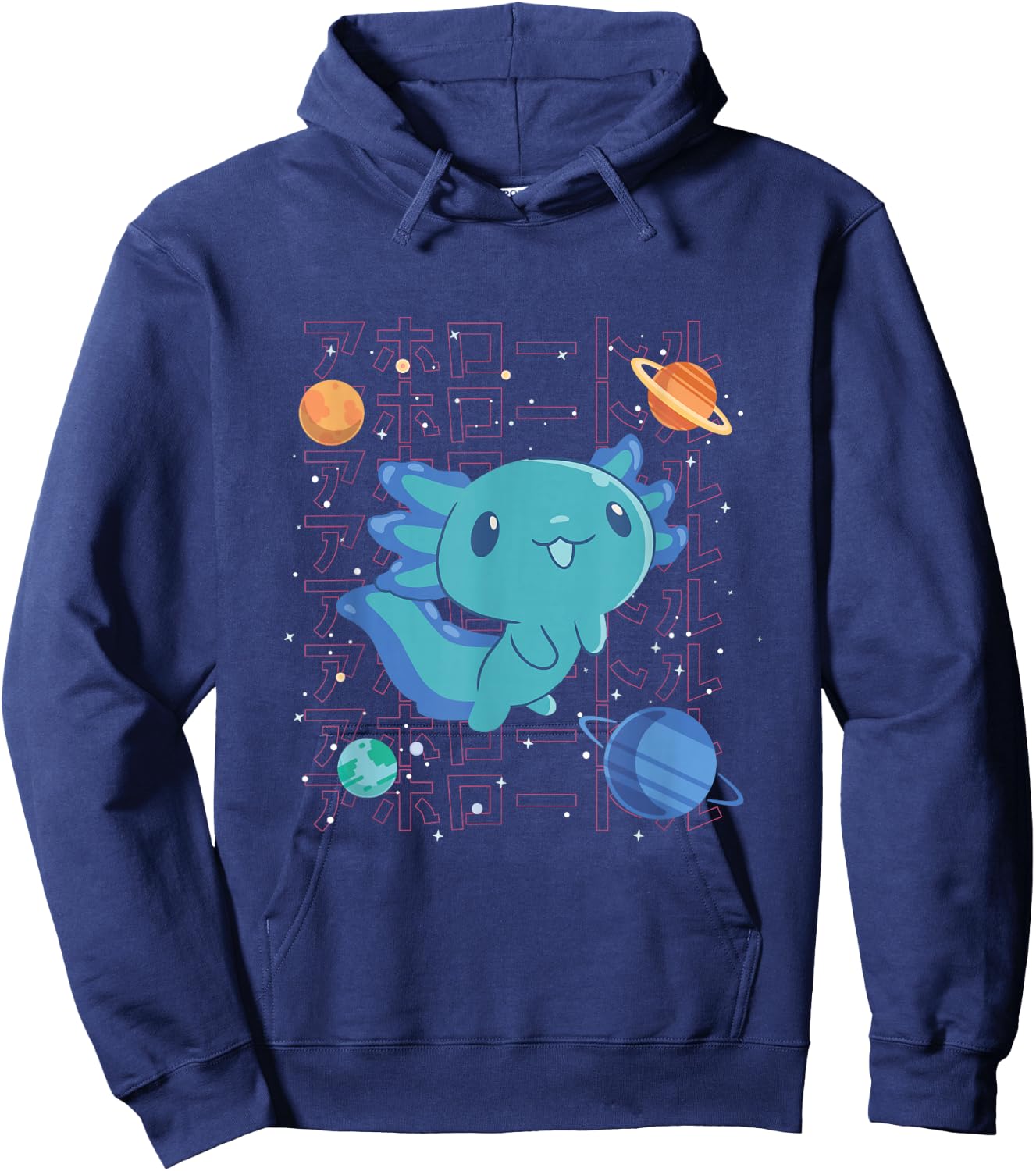 Kawaii Axolotl in Space with Planets Cute Japanese Science Hoodie - Hoodie | Navy