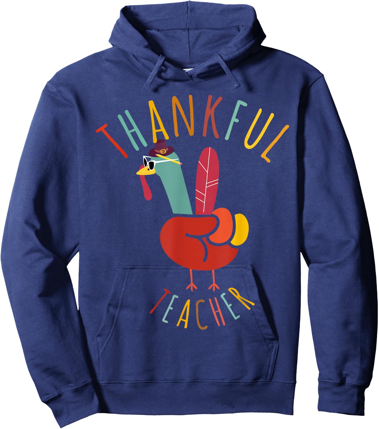 Peace Hand Sign Turkey Funny Thankful Teacher Thanksgiving Hoodie - Hoodie | Navy