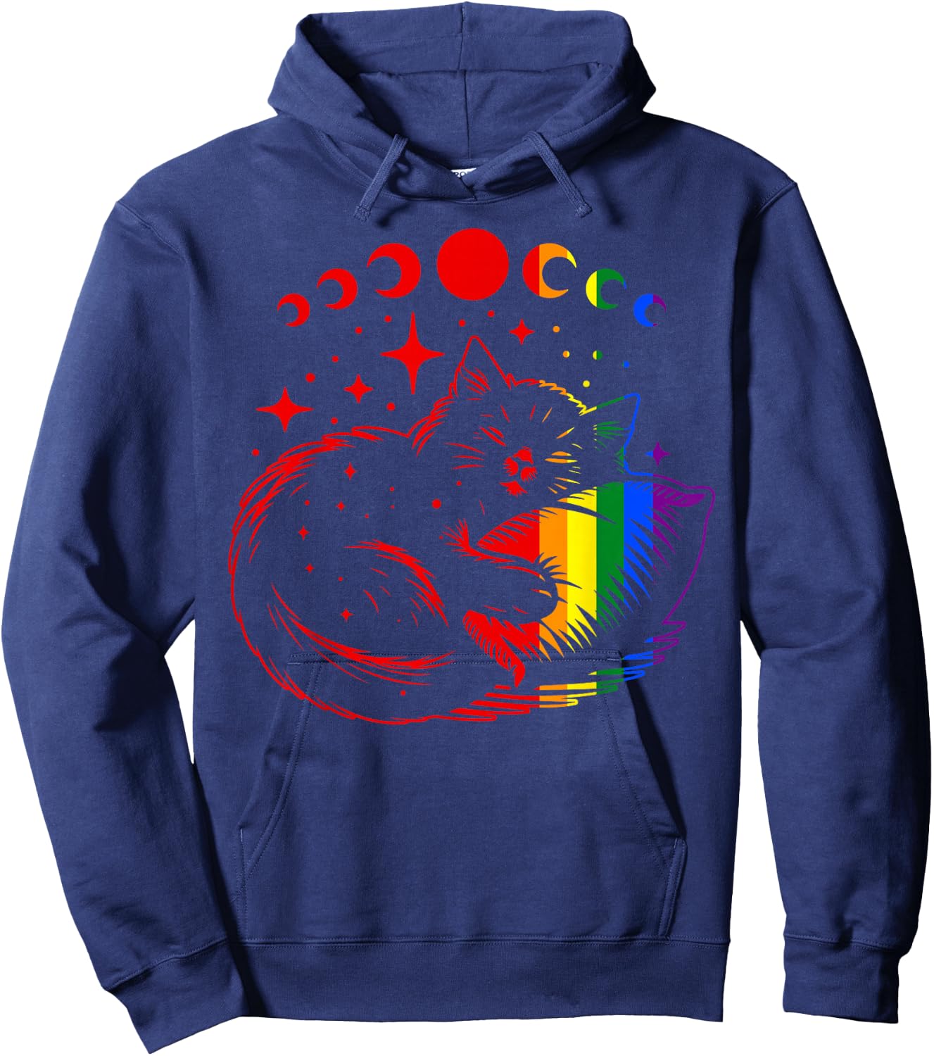 Rainbow Cat Sleeping with Moon Phases and Stars Gay Pride Hoodie - Hoodie | Navy