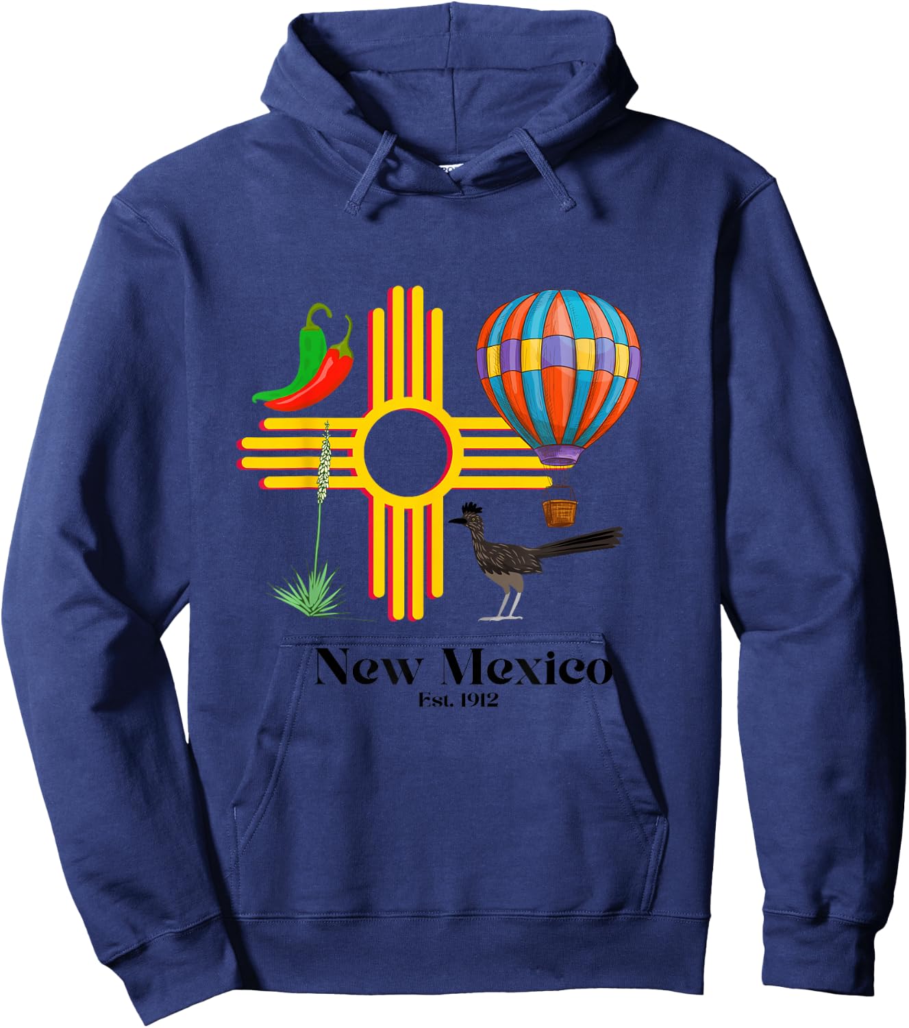 New Mexico Zia: Chiles, Balloon, Roadrunner, Yucca Est. 1912 Hoodie - Hoodie | Navy