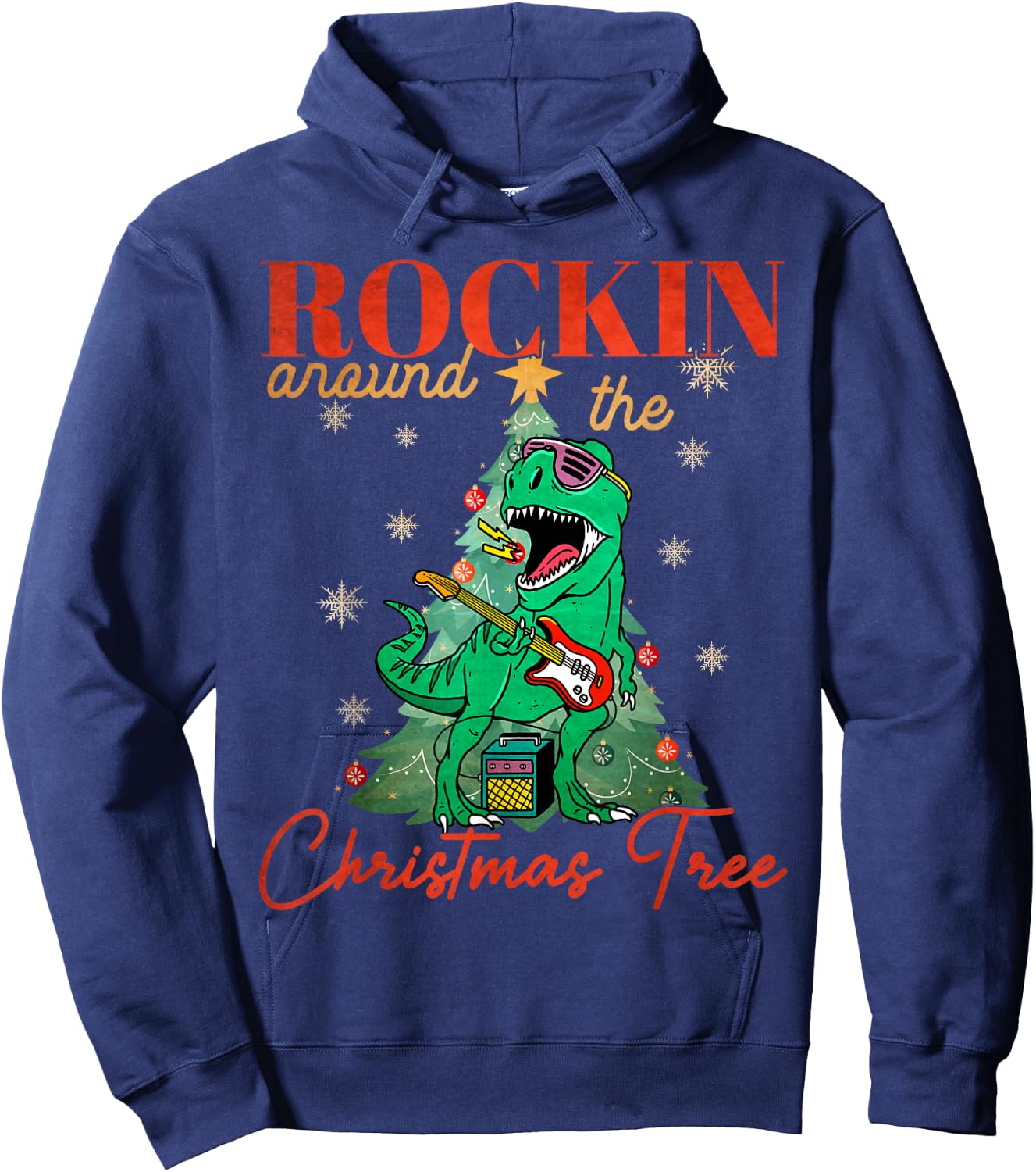 Rocking Around The Christmas Tree T-rex Rock and Roll Guitar Hoodie - Hoodie | Navy