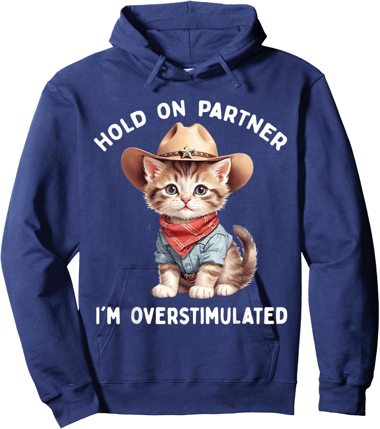 Hold On Partner I'm Overstimulated Cat Cowboy Cute Funny Hoodie - Hoodie | Navy