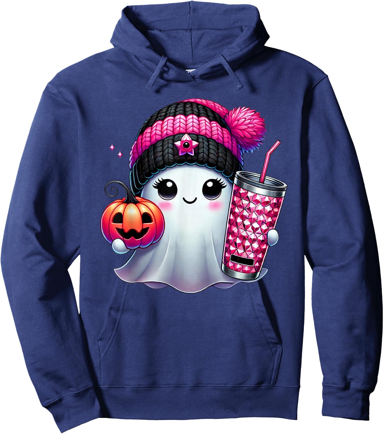 Cute Ghost Drinking Coffee Halloween Ghost Ice Coffee Hoodie - Hoodie | Navy