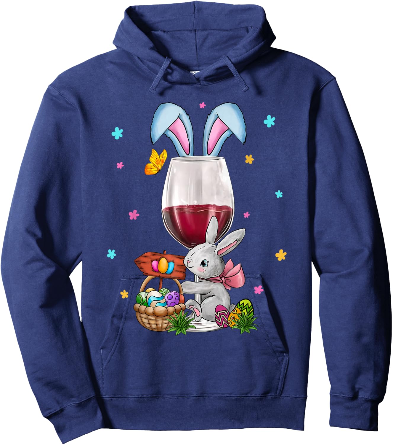 Cute Easter Wine Glasses Bunny Ears Drink Up Women Men Hoodie - Hoodie | Navy