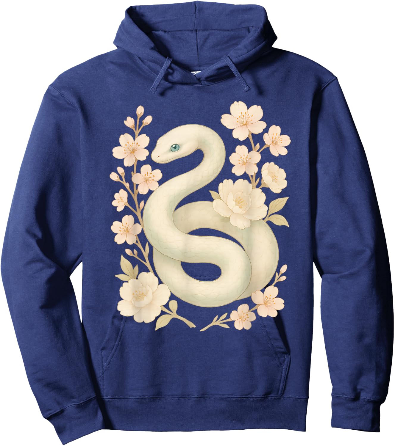 Elegant White Mint Snake with Peony Cherry Blossom Flowers Hoodie - Hoodie | Navy