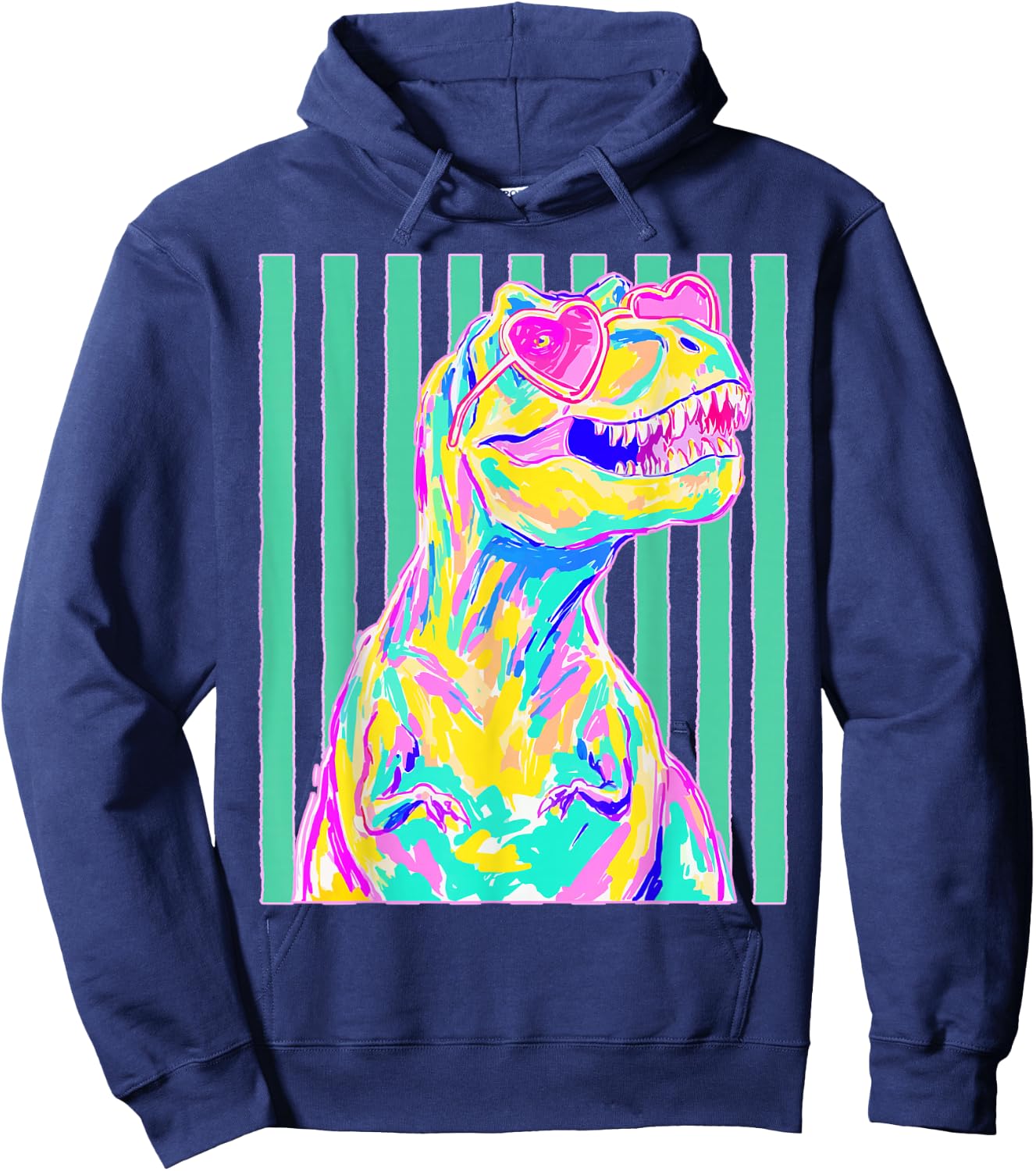 Cute T-rex with Heart Sunglasses Dinosaur Summer Stripes Hoodie - Hoodie | Navy