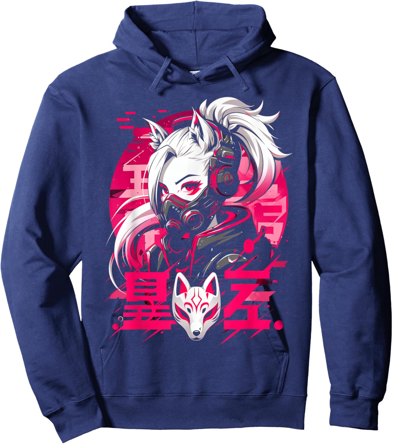 Anime Manga Cyberpunk Aesthetic Techwear Harajuku Kitsune , black Hoodie - Hoodie | Navy