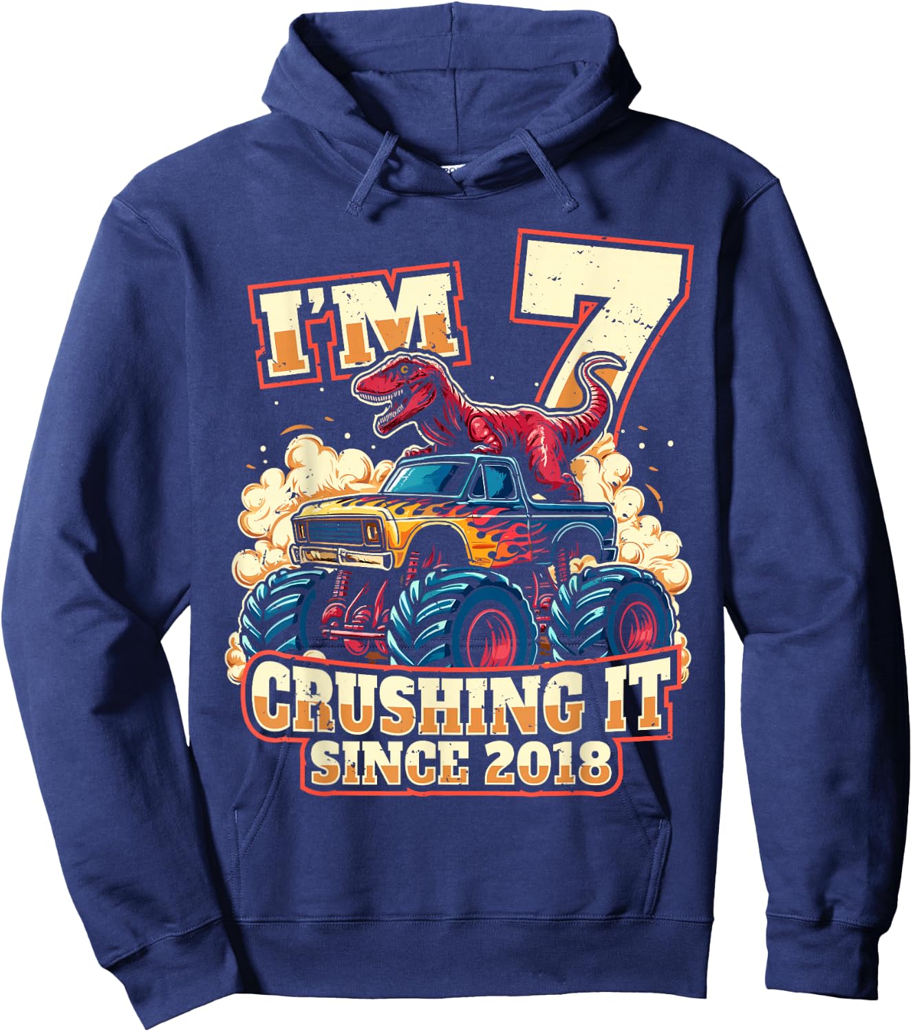 7 Year Old Boys 7th Birthday Dinosaur Monster Truck Party Hoodie - Hoodie | Navy