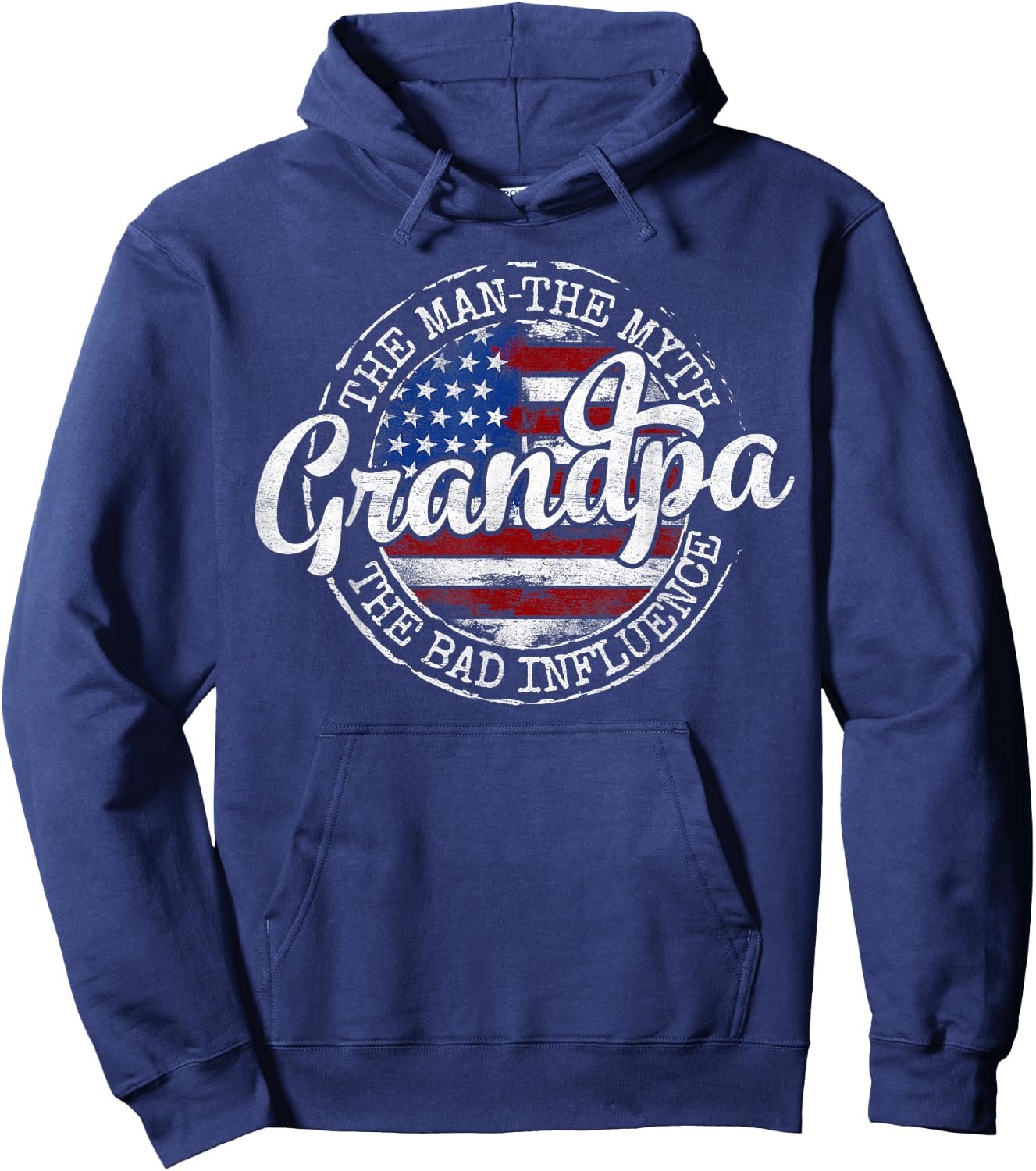 Grandpa Man Myth Bad Influence USA Flag Stamp Fathers Day Hoodie - Hoodie | Navy
