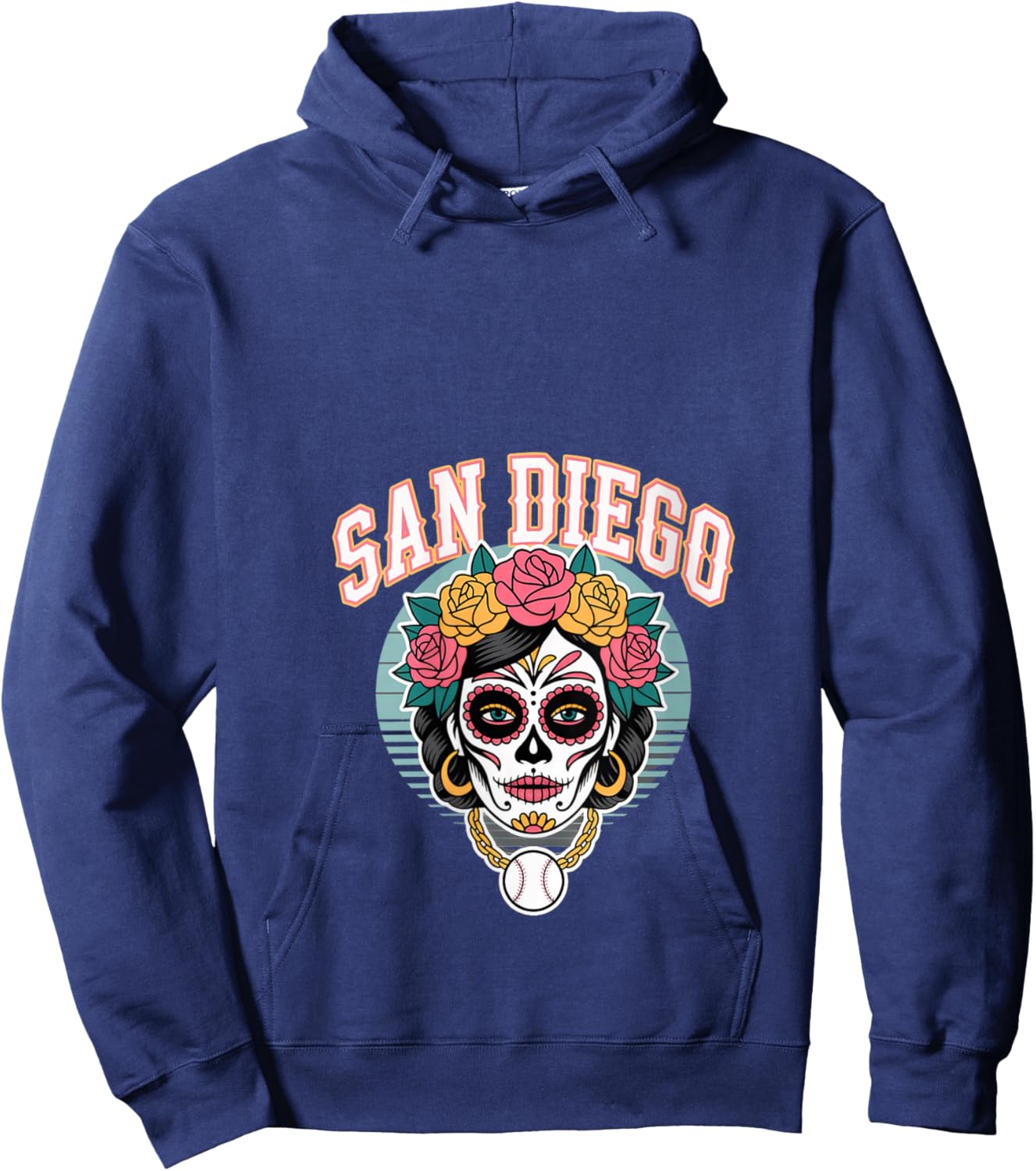 Women's San Diego Sugar Skull Flower City Baseball V-Neck Hoodie - Hoodie | Navy
