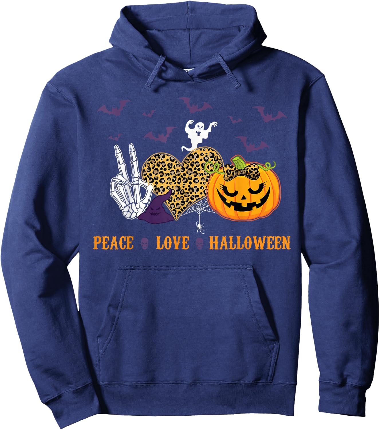 Peace Love Halloween Skeleton Pumpkin Hippie Costume Hoodie - Hoodie | Navy