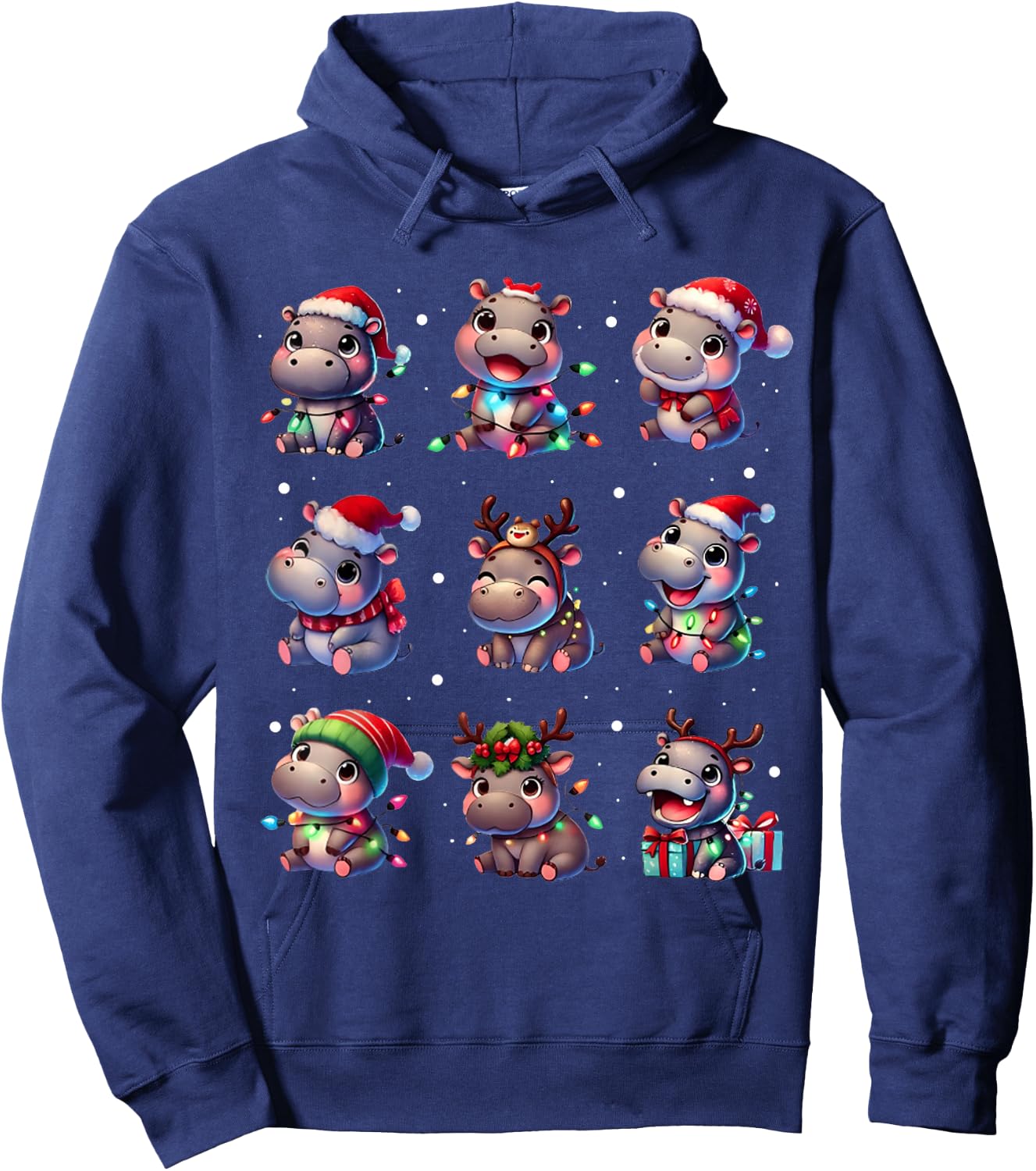 Cute Hippo in Christmas Lights Funny Xmas Gifts Kid Women PJ Hoodie - Hoodie | Navy